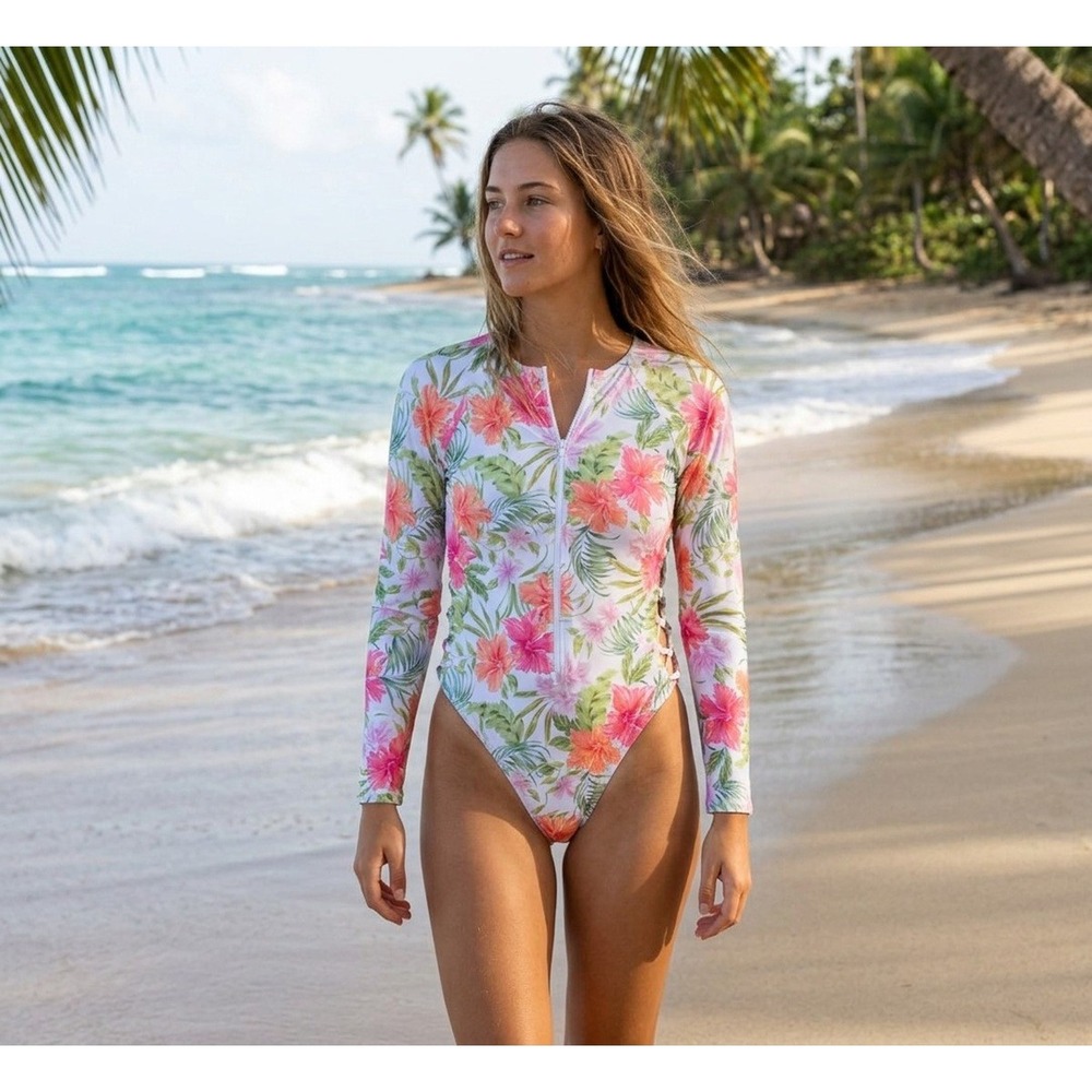 Hurley Long Sleeve Swimsuit, Floral, Zip Front, Zipper Repaired, Size Large